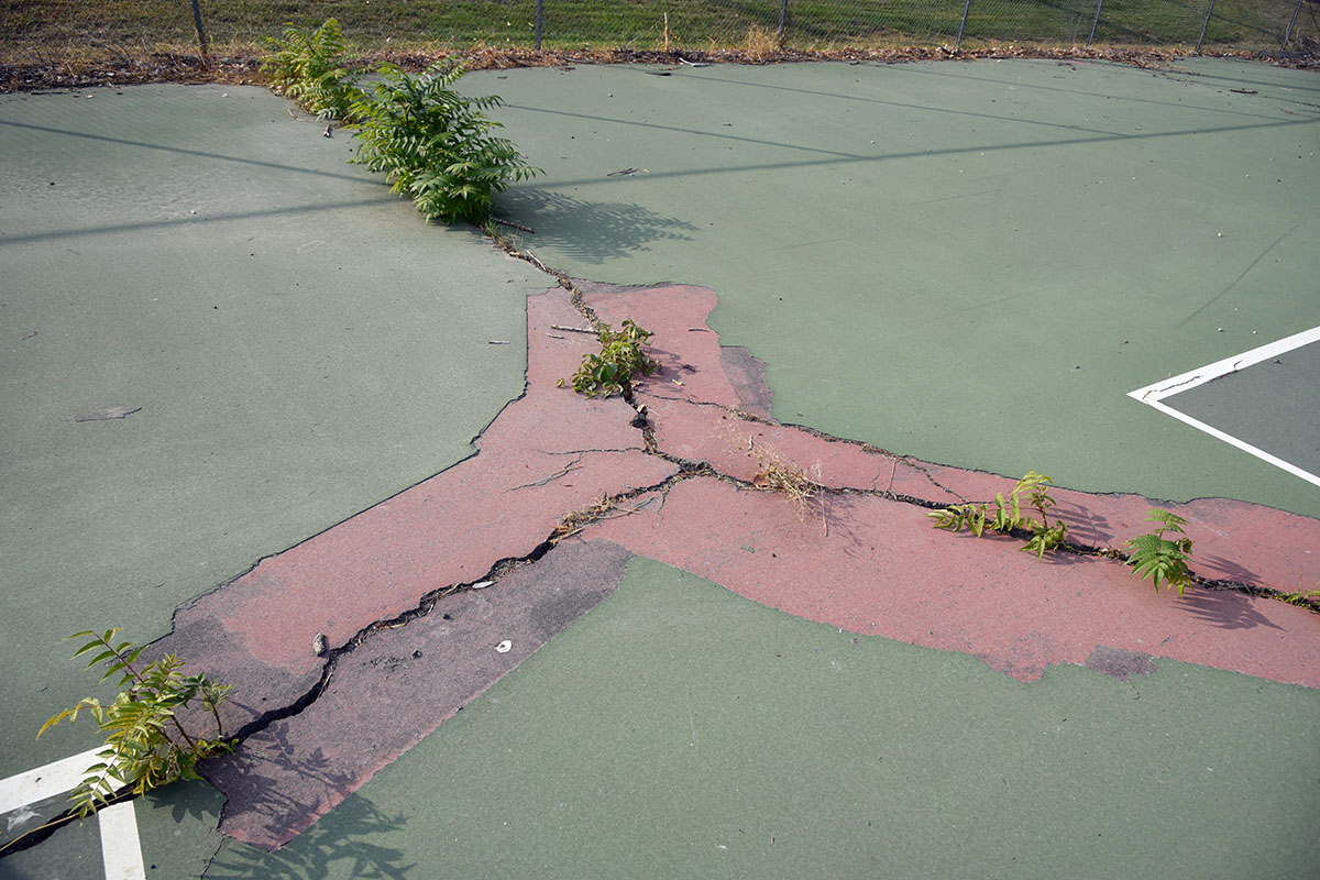 Severely cracked WHS outdoor athletic courts with weeds and small plants growing up through the broken pavement surface